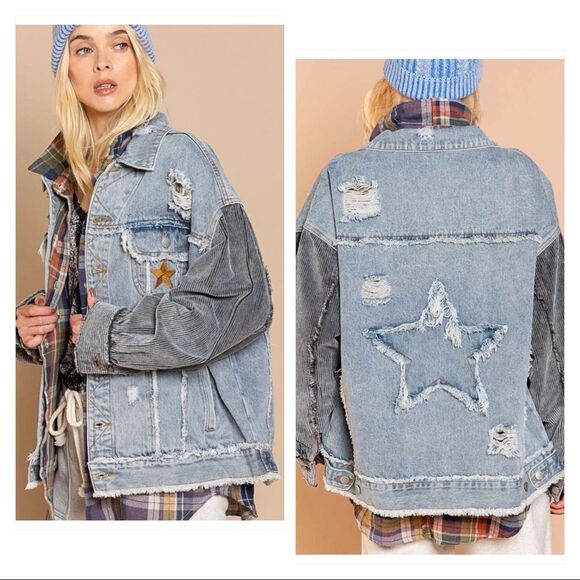 DENIM Distressed Jacket with Corduroy Sleeves Oversized Fit - Picture 4 of 16